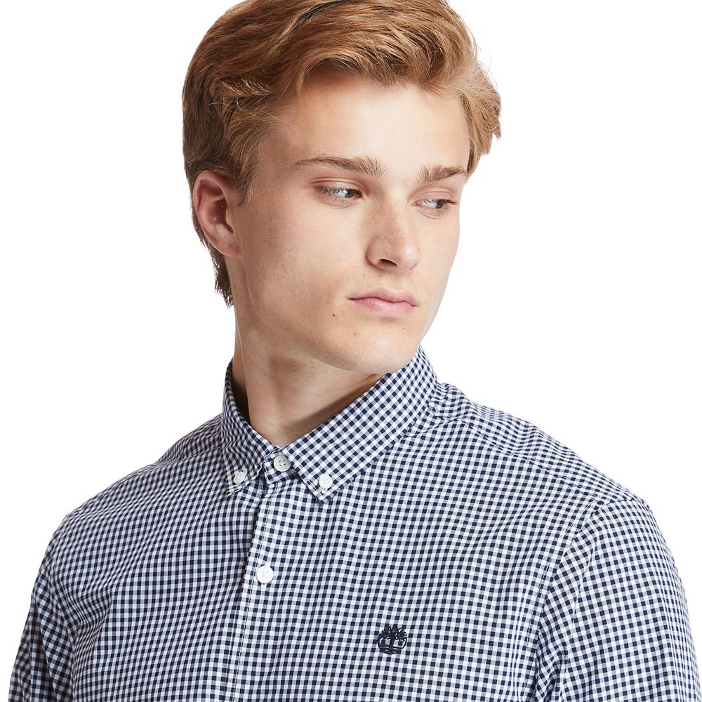 Camisa Timberland Hombre Suncook River Long-Sleeve Poplin Gingham Azules - Chile TEK-896103